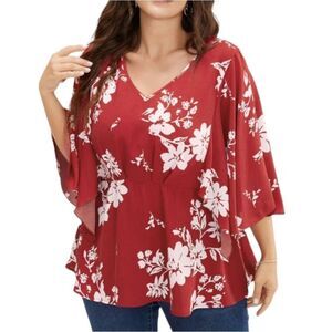 Bloomchic Red and White  Flower Flare sleeve blouse